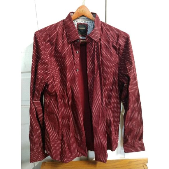 Denim & Flower Mens Burgundy Polka Dot Button-Down Shirt With Floral Trim Size L - Picture 1 of 9